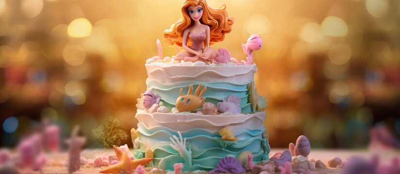 Cake for children's birthday celebrations, teenagers, novelty with mermaid theme with hidden tail and decoration of colorful shells and flowers