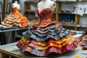 Unique layered dress with textural design on a mannequin, highlighting the complexity of dressmaking - obrazy, fototapety, plakaty