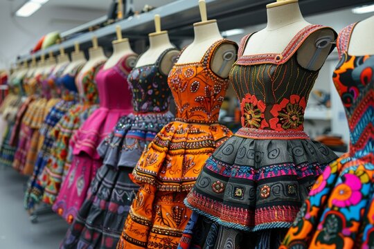 Row of mannequins showcasing an array of patterned designer outfits in a fashion atelier