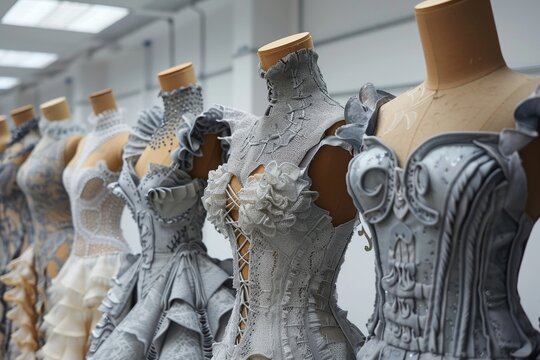 Close-up view of avant-garde styled mannequins in a fashion atelier showcasing the detailed workmanship