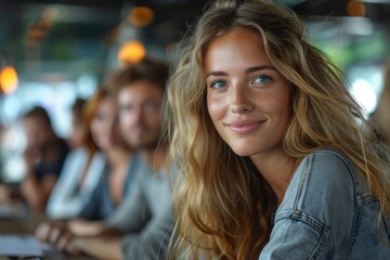 Young woman with wavy blonde hair and a friendly smile in a social setting with her friends blurry in the background - obrazy, fototapety, plakaty