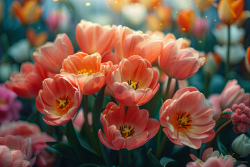 Cluster of peach tulips illuminated with soft background bokeh in a tranquil garden setting.