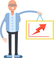 Bald Man Character Holding Arrow Chart
