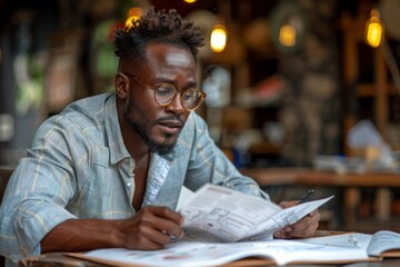 An engaged man studying blueprints with focus at a coffee shop - obrazy, fototapety, plakaty