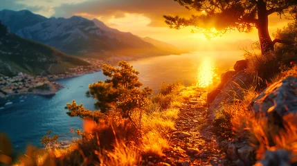 Foto op Canvas Breathtaking Sunset Over Montenegro Coast, Panoramic Sea View with Historical Town Silhouette © NURA ALAM