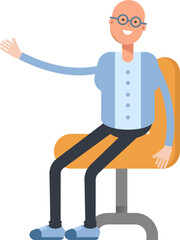 Bald Man Character Sitting on Office Chair
