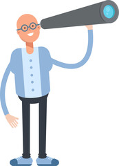 Bald Man Character Using Binoculars
