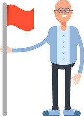Bald Man Character Holding Flag
