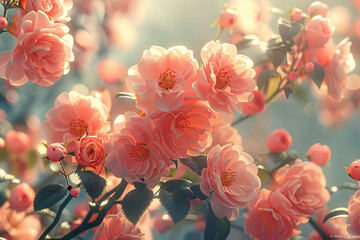 Soft light filters through delicate rose blooms, highlighting their intricate beauty and color.
