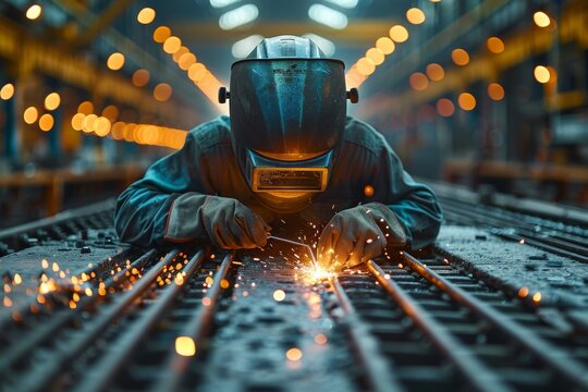 A welder in a crouched position on tracks as they skillfully wield a welding torch with bright flashes of light against the industrial backdrop