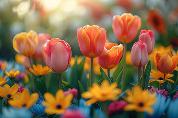A beautiful array of orange tulips and yellow daisies captured in the soft light of dawn.