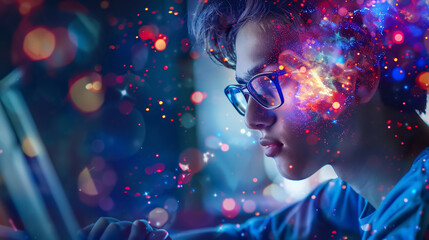 A asian young man working under vibrant lights - obrazy, fototapety, plakaty