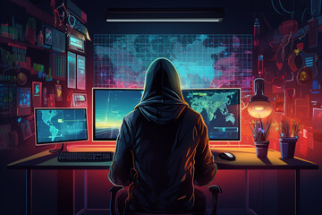 hacker in front of his computer committing cyber crime digital, vector, neon, dark background