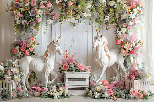 full height spring backdrop with white wood crates, two unicorns on the sides, flowers, in style of portrait photography