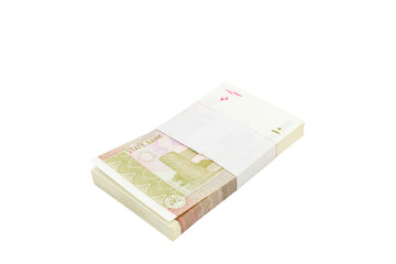Pakistan ten rupees denomination note bundle on white isolated background