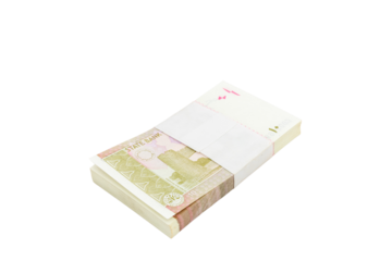 Pakistan ten rupees denomination note bundle on white isolated background