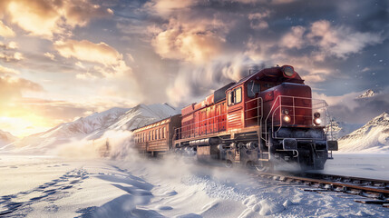 a train in the snow mountains, transportation concept. - obrazy, fototapety, plakaty