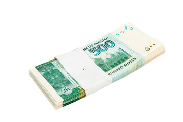 Pakistan five hundred rupees denomination note bundle on white isolated background