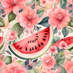 Watercolor watermelon pattern, generative ai