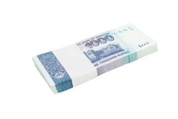 Pakistan one thousand rupees denomination note bundle on white isolated background