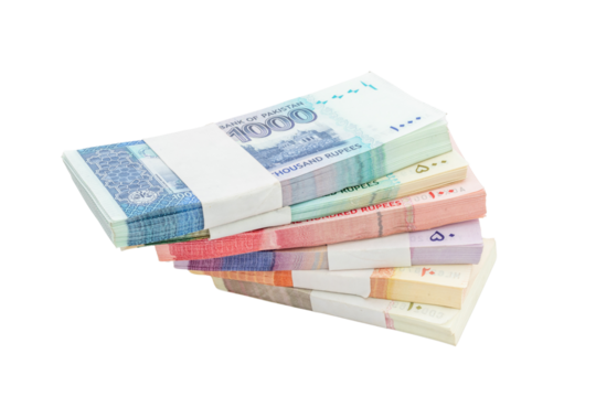 Pakistani banknote bundles stacked on white isolated background