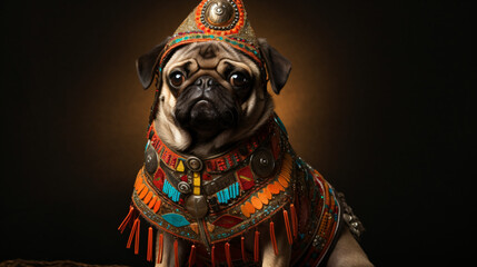 A brown pug style dressed in ancient Mayan god - obrazy, fototapety, plakaty