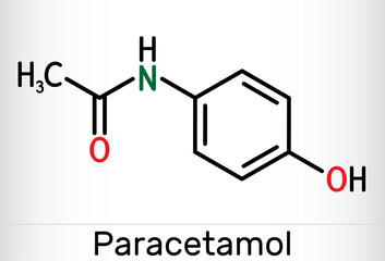 Paracetamol, acetaminophen molecule. It is is a non-opioid analgesic and antipyretic agent. Skeletal chemical formul.