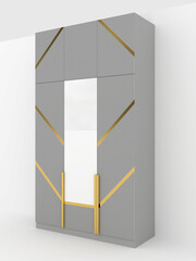 Gray wardrobe with gold panels and mirror