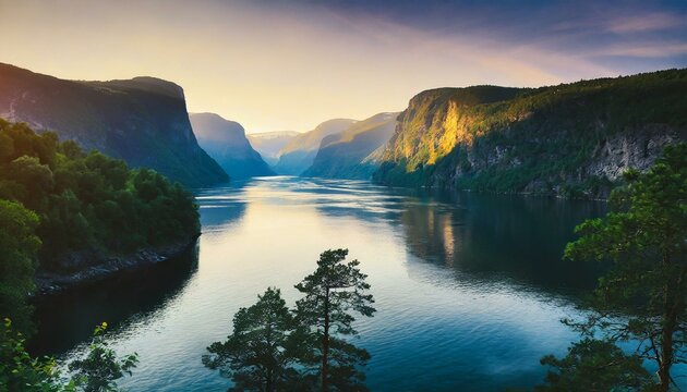 Beautiful fjords, fiords in evening, sea and forest, clean nature, environment