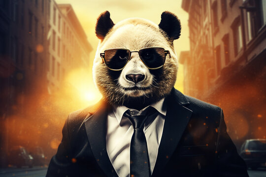 a panda wearing sunglasses and a suit with a tie, cute panda