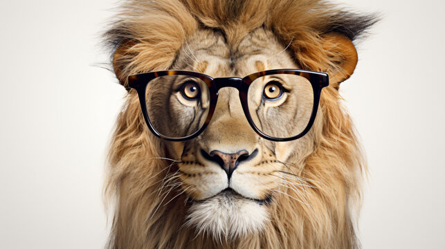 A close up of a male lions head wearing glasses