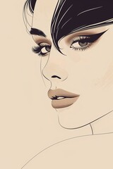 ultra simplistic beige black line art of a beautiful woman in beige make-up