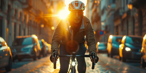 Cyclist riding through city streets at sunset with sun in the background creating a beautiful...