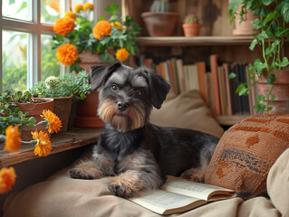 Miniature Schnauzer pup in a boho whimsical reading nook