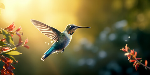 Obraz premium a Hummingbird coming into a flower for nectar, golden light, in a side view in a Horizontal layout, in a nature-themed, photorealistic illustration in JPG. Generative ai