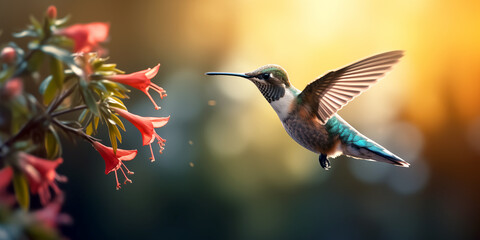 Fototapeta premium a Hummingbird coming into a flower for nectar, golden light, in a side view in a Horizontal layout, in a nature-themed, photorealistic illustration in JPG. Generative ai
