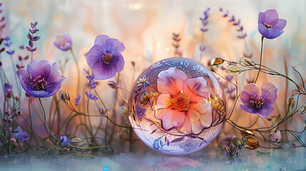 Iridescent glass with lavender spring fantasy, enchanted forest
