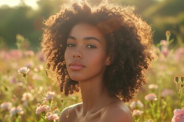 Calm mixed-race young woman in sunset lit flower field - obrazy, fototapety, plakaty