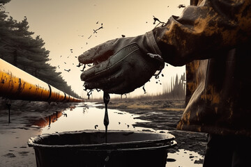 Oil and Gas Wells. Accident Oil Well Work. Methane Emissions from crude wells. Pumpjack on oilfield. Extraction of petroleum, reduce oil production. Bucket in Hand of Worker of spilled oil on oilfield - obrazy, fototapety, plakaty