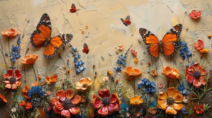 A mural depicting moths and butterflies pollinating orange flowers on a wall