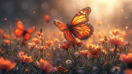 Butterfly pollinating flowers in natural landscape