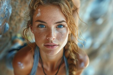 Intense close-up of a female climber's face with sweat, showcasing determination and effort