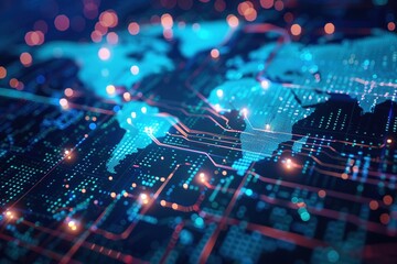 blue map background blending technology on holographic screen modern interface Global connectivity, code snippets, language symbols and digital maps, concepts, connections, networks, radar screens
