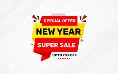 New Year Offer Sale Banner vector template. New Year Discount vector graphic element. Super shop label Promo design. Product opening festival background collection.