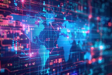 Obraz premium blue map background blending technology on holographic screen modern interface Global connectivity, code snippets, language symbols and digital maps, concepts, connections, networks, radar screens