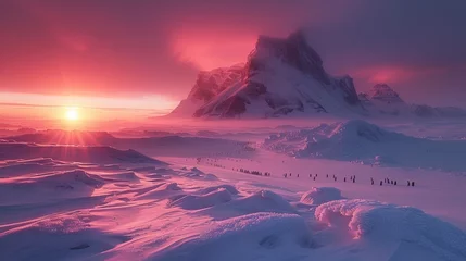 Zelfklevend Fotobehang Red sky at morning, snowcapped mountain range under afterglow sunset © Yuchen