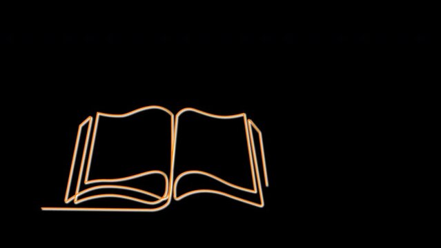 Open book self drawing animation. Line art. Reading, science, education concept. Golden yellow line animated on black background.