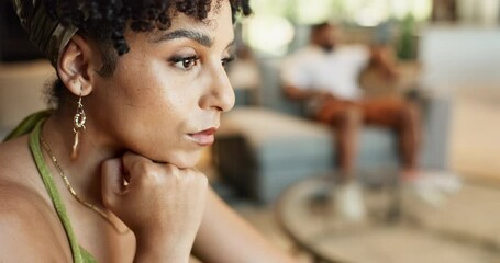 Thinking, couple and woman in conflict for divorce, crisis or fail of marriage in home living room. Sad, depression or people in fight for breakup, cheating and frustrated with stress in relationship