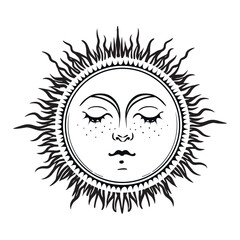 Magic sun with face and rays, boho celestial astrology logo, zodiac tattoo, tarot symbol. Magic hand drawn vector illustration isolated on white background.