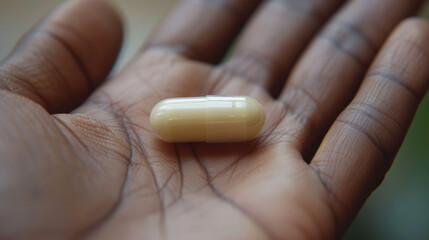 A close-up of one capsule in an open dark-skinned palm, the concept of health and medicine